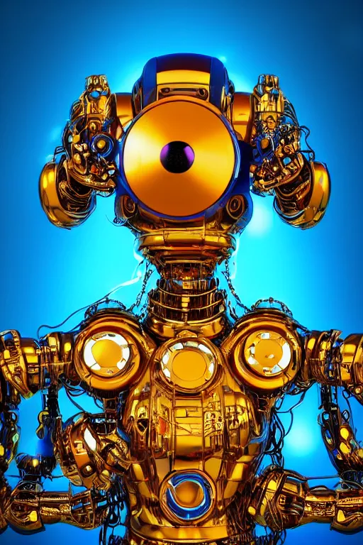 Prompt: portrait photo of a giant huge golden and blue metal humanoid steampunk robot dj with multicolored big gears and headphones, a red dj mixer, eyes are glowing red lightbulbs, shiny crisp finish, 3 d render, 8 k, insaneley detailed, fluorescent colors, background is multicolored lasershow