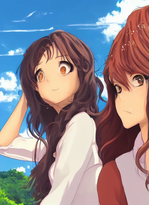 Image similar to two beautiful women under a blue sky, casual summer clothes, gorgeous faces, thick lines, cinematic lighting, detailed anime art