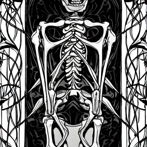 Image similar to a giant skeleton laughing, art nouveau, beautiful, detailed