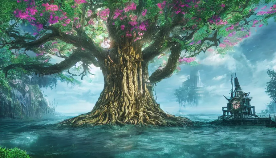 Image similar to ben lo illustration of the largest tree in the world inside rapture in the center of a lake, bioshock concept art, solarpunk, hopeful, colorful, flowers, deity, unreal engine, hyper realism, realistic shading, cinematic composition, realistic render, octane render, detailed textures, photorealistic, wide shot