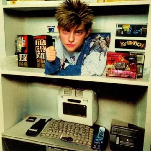 Image similar to 2 0 0 1, edgy 1 2 year old boy, frosted tips, y 2 k fashion, baggy jeans, og xbox on shelf, thumbs up