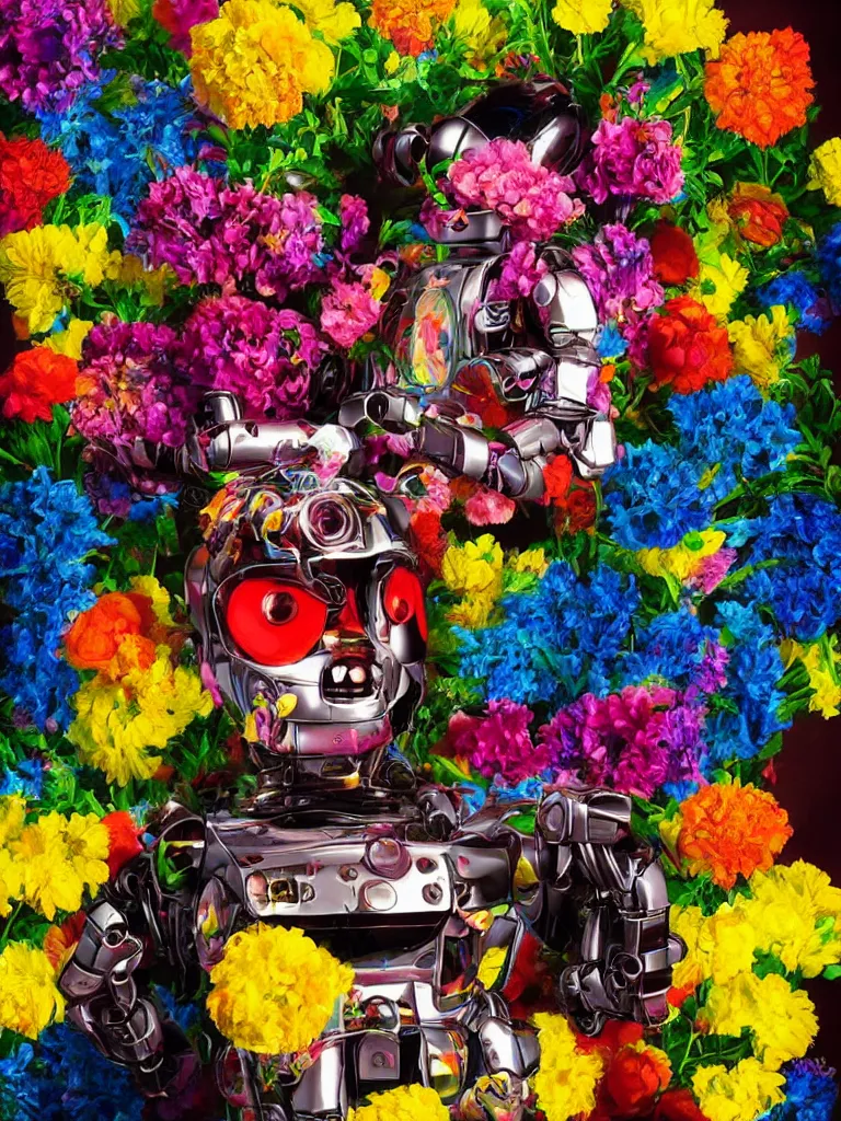 Prompt: classical portrait of a robot filled with vivid flowers, shot on ektachrome by a sci-fi concept artist
