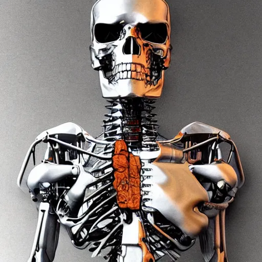 Prompt: terminator steel skeleton, looking away from camera, framed painting, digital painting, concept art, hyperrealism vrubel