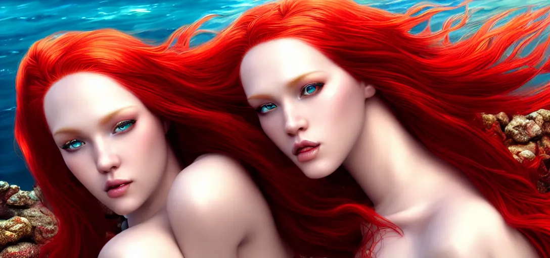 Prompt: close portrait photo of a gorgeous female mermaid with long red hair wearing metal armor in the style of stefan kostic, realistic, half body shot, sharp focus, 8 k high definition, insanely detailed, intricate, elegant, art by stanley lau and artgerm, extreme blur coral reef background