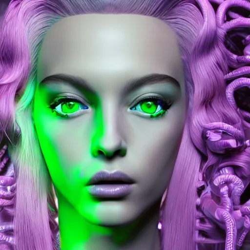 Image similar to portrait of medusa as a seductive beautiful female human cyborg hybrid, with large intertwined mechanical snakes featuring small green LEDs for hair, beautiful detailed green eyes and green lips, shallow depth of focus, award winning 3d render