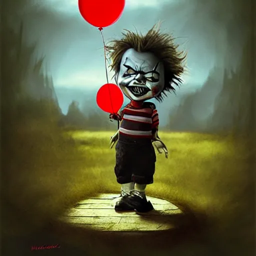 Image similar to grunge cartoon landscape sketch of chucky with a wide smile and a red balloon by - michal karcz, loony toons style, pennywise style, mona lisa style, horror theme, detailed, elegant, intricate