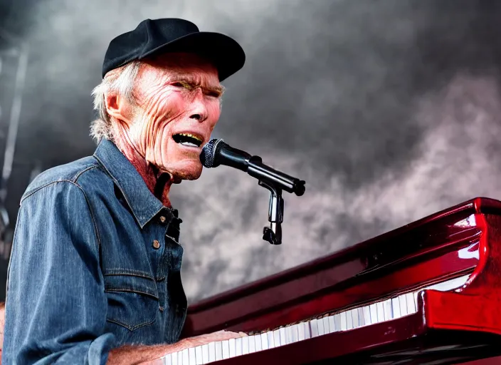 Image similar to photo still of clint eastwood on stage at vans warped tour!!!!!!!! at age 6 8 years old 6 8 years of age!!!!!!!! playing a piano on fire, 8 k, 8 5 mm f 1. 8, studio lighting, rim light, right side key light