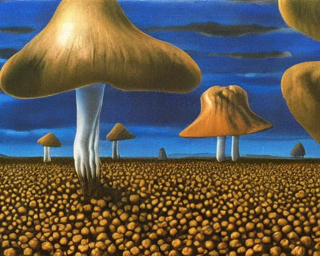 Prompt: A Salvador Dali painting of a small Indiana mushroom farm, Multi Toned, Volumetric Lighting, Dark Sky, Rule of Threes, Award Winning Art