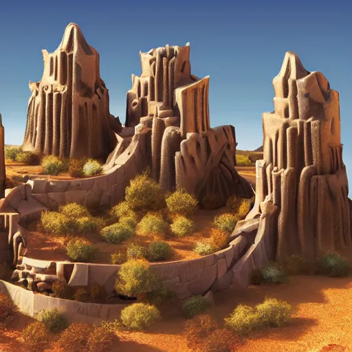 Prompt: fantasy City built into the walls of a desert canyon