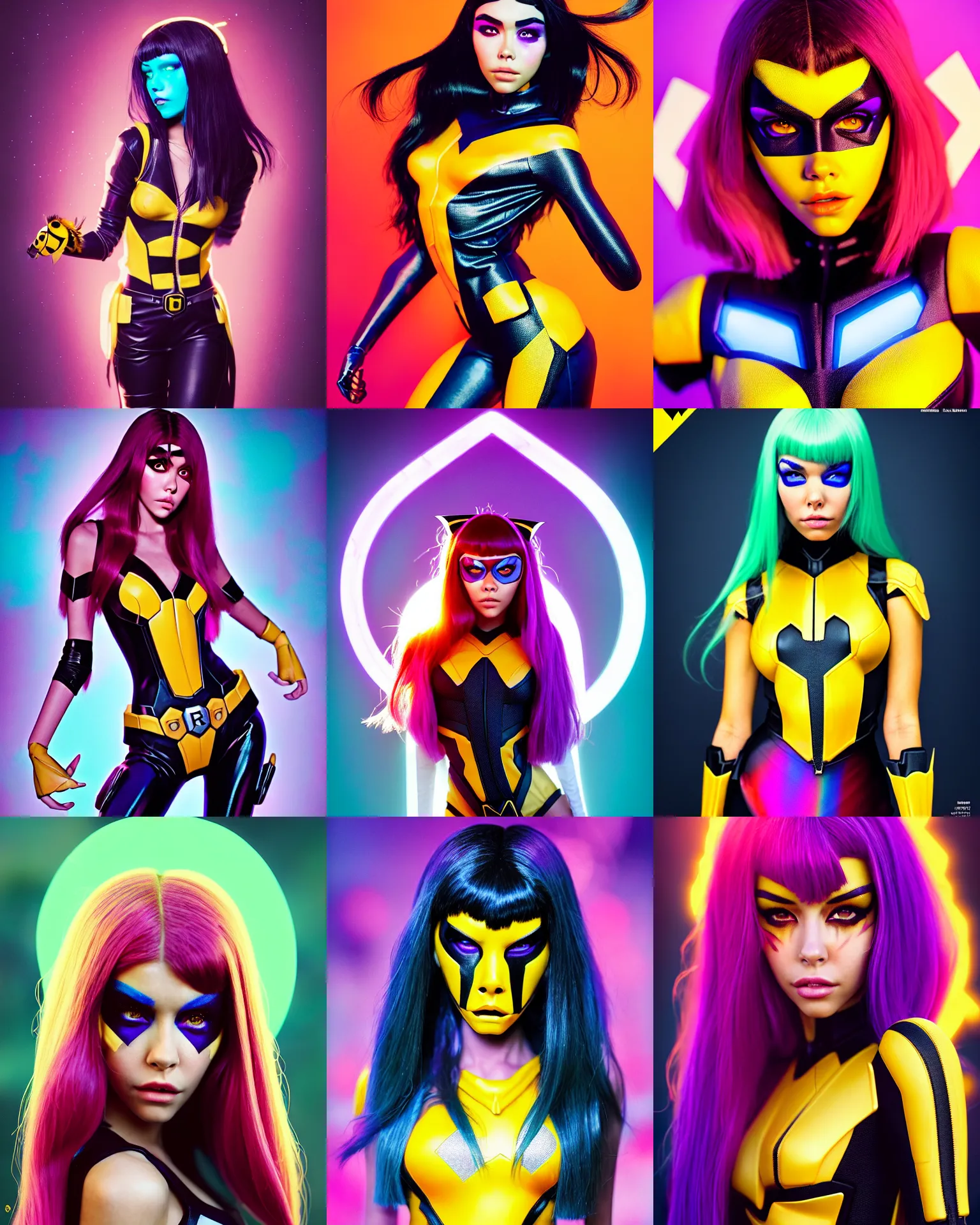 Prompt: magazine cover portrait photo of madison beer : : college woman : : as marvel hero bumblebee leeloo girl by weta : : by greg rutkowski, wlop, rossdraws, artgerm, pixar, disney, marvel, colorful rave makeup, leeloo, unreal engine, glossy skin, pearlescent, shiny, 4 k, hdr, bright morning, : :