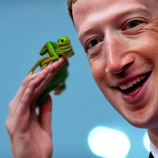 Prompt: Mark Zuckerberg catching fly with his chameleon tongue