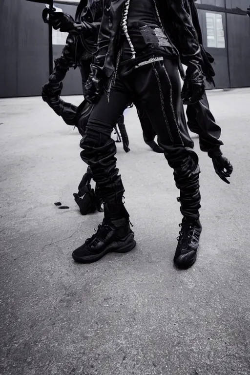 Prompt: goth techwear look and clothes, we can see them from feet to head, highly detailed and intricate, hypermaximalist, futuristic, luxury, Rick Owens, Errolson Hugh, Yohji Yamamoto, Y3, ACRNYM, cinematic outfit photo