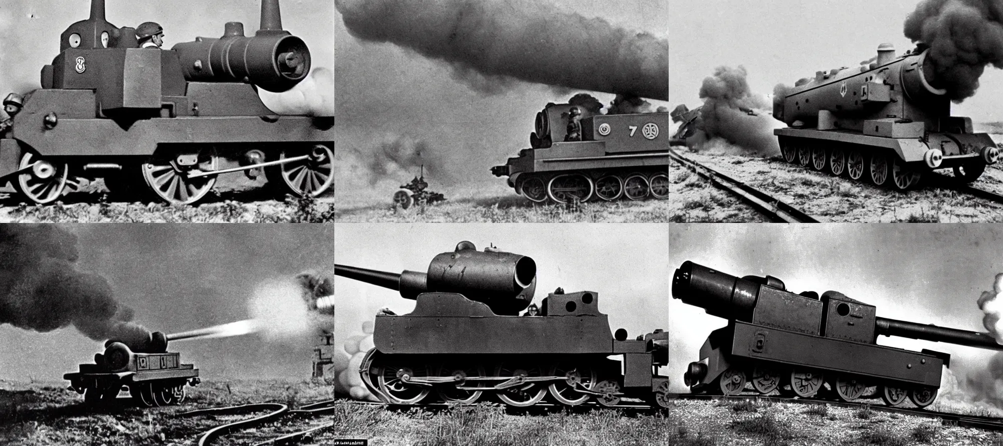 Image similar to WW2 era photograph, the face of Thomas the tank engine attached to a 800mm German super-heavy-mortar with a huge gun barrel firing a shot upwards, there are german soldiers running around, grainy, high detail