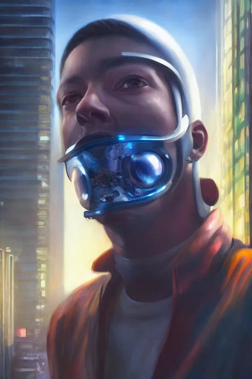 Prompt: realist portrait in a cyberpunk city by Jerad Marantz hyperrealistic oil painting, 4k, studio lightning