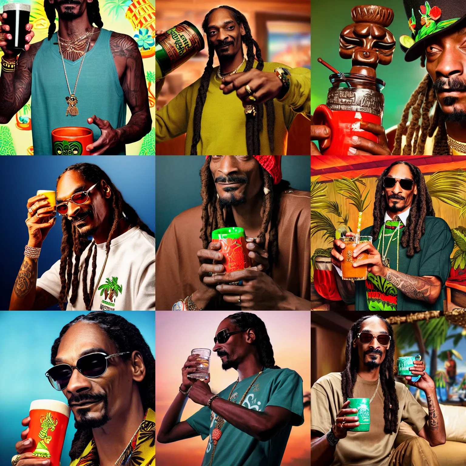 Prompt: a closeup photorealistic photograph of snoop dogg holding a trader vic's tiki mug in the style of snoop dogg. brightly lit scene. this 4 k hd image is trending on artstation, featured on behance, well - rendered, extra crisp, features intricate detail, epic composition and the style of unreal engine.