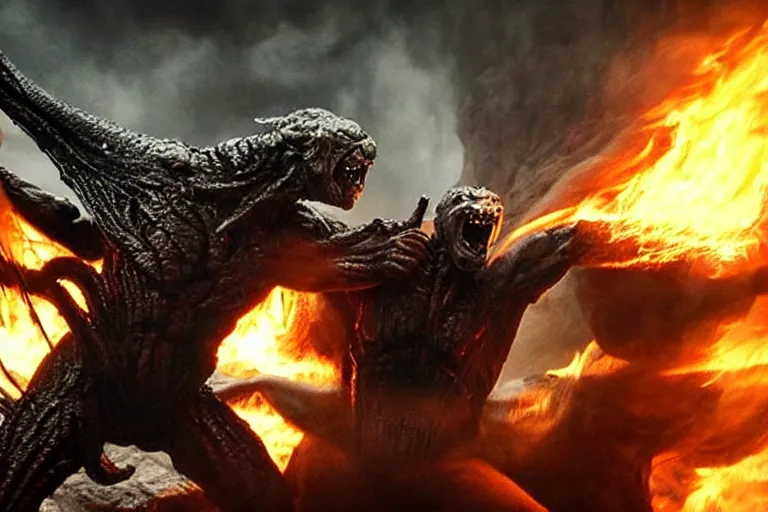 Image similar to movie still, balrog fighting gandalf at the bridge of khazad - dum, style of h. r. giger, fiery, dark, realistic movie still, cinematic, cgi,