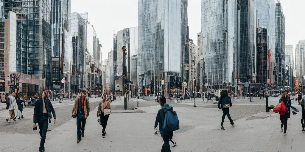 Image similar to three people are walking in the city, wide - shot, professional color photograph