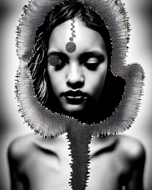 Image similar to black and white dreamy spiritual female water - insect - cyborg high quality portrait photo, microchip leaves, artificial intelligence, cinematic, rim light, photo - realistic, elegant, high detail, 8 k, masterpiece, high fashion, in the style of man ray