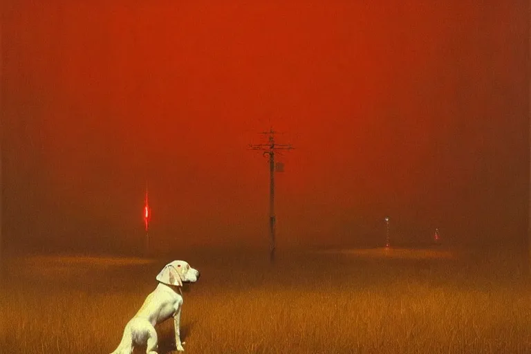 Prompt: a white hunting dog pointing at a supermarket, in the style of beksinski, intricate and epic composition, yellow by caravaggio, insanely quality, highly detailed, masterpiece, red light, artstation, 4 k