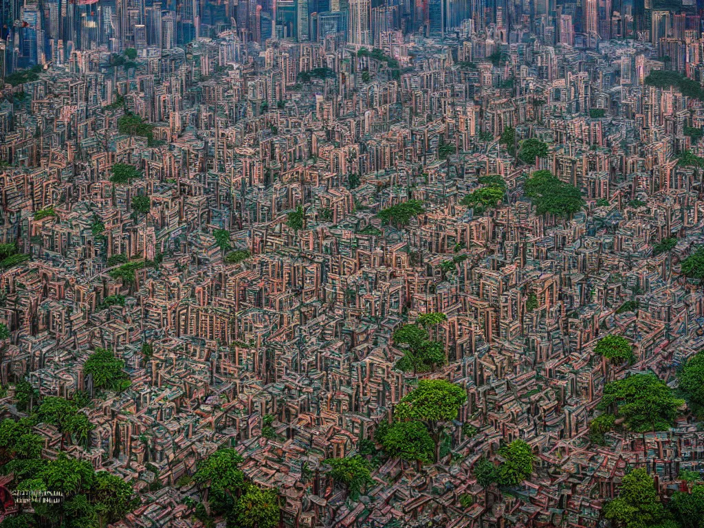 Image similar to kowloon walled city by marc adamus, 4 k, photograph, professional, hdr, color corrected, highly detailed, sharp focus