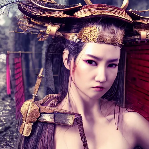 Image similar to full body portrait fashion editorial of beauty charming woman as a warrior godly princess in feudal japan making a sacrifice at the top of the Asian temple, clear makeup, clean hair, dry skin, clear skin, airbrushed, bright eye makeup, femine warrior body, photo by mario testino, 8k octane render, cinematic, hyper detailed, micro details, insanely detailed, trending on artstation, concept art, Peter Paul Rubens and Peter Mohrbacher style