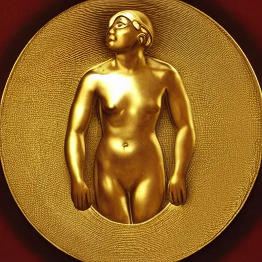 Prompt: gold disc embossed with the image of a human figure that represents a shamanic practitioner in the throes of spiritual ecstasy, 5 0 0 bc, by caravaggio