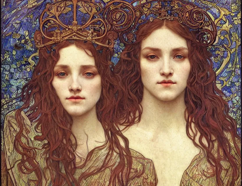 Image similar to detailed realistic beautiful young medieval queen face portrait by jean delville, alphonse mucha, vincent van gogh, and marco mazzoni, art nouveau, symbolist, visionary, gothic, pre - raphaelite