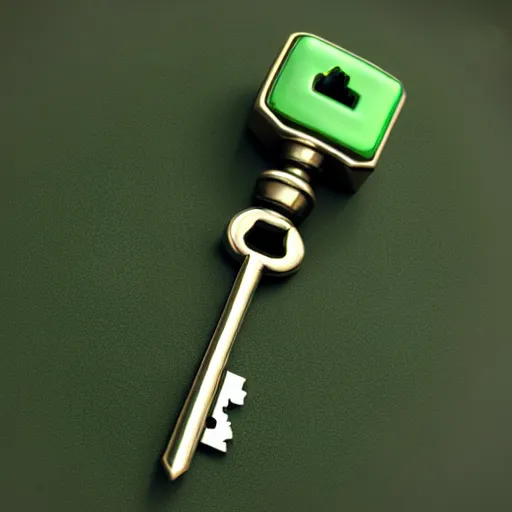 Image similar to a 3d game object of the metal key with large green diamond, icon, vray 4k render, on the white background, rpg game inventory item