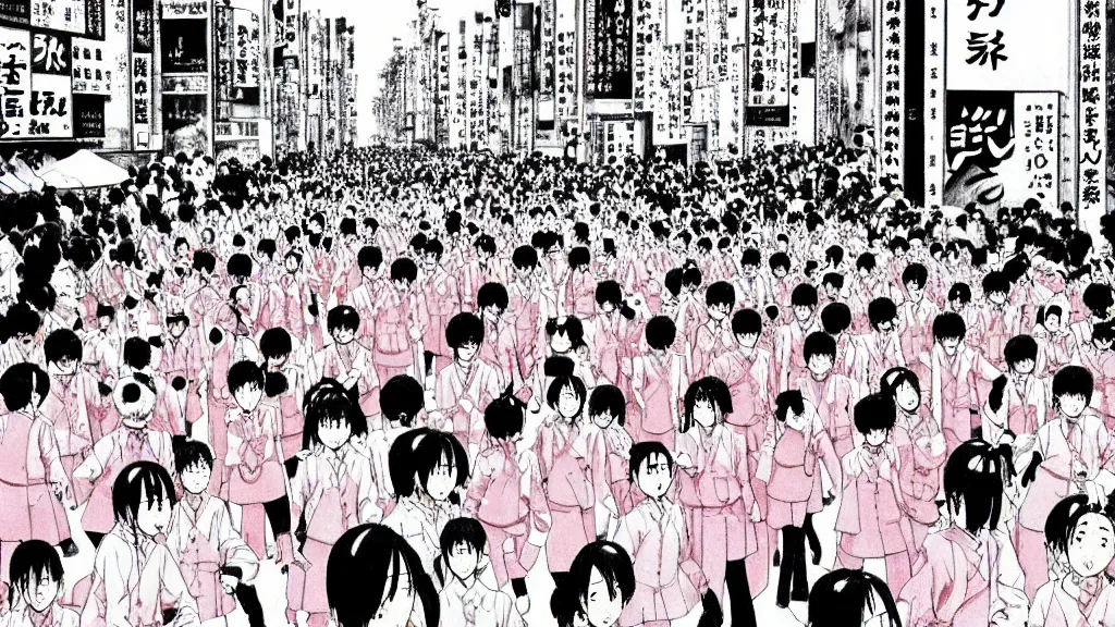 Image similar to manga drawing of a parade on the streets Tokyo everyone is dressed in pink and wearing pig masks, film still from the an anime directed by Katsuhiro Otomo with art direction by Salvador Dalí, wide lens