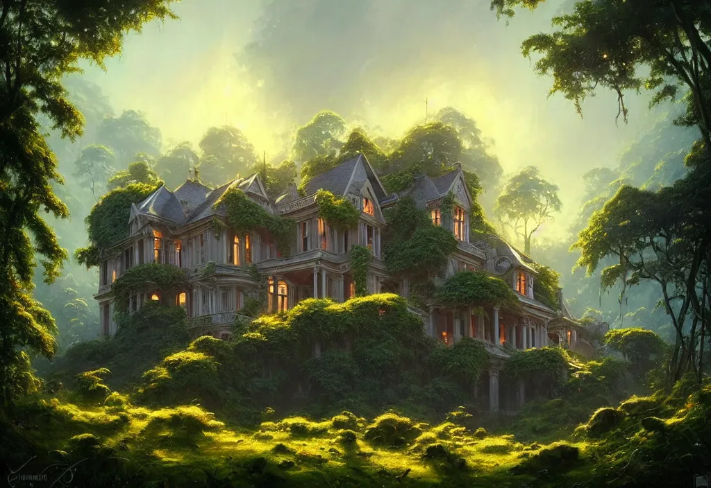 Prompt: victorian country house on a hillside surrounded by jungle, cinematic view, blue sky, detailed, concept art, high angle, high detail, warm lighting, volumetric, godrays, vivid, trending on artstation, by jordan grimmer, art greg rutkowski