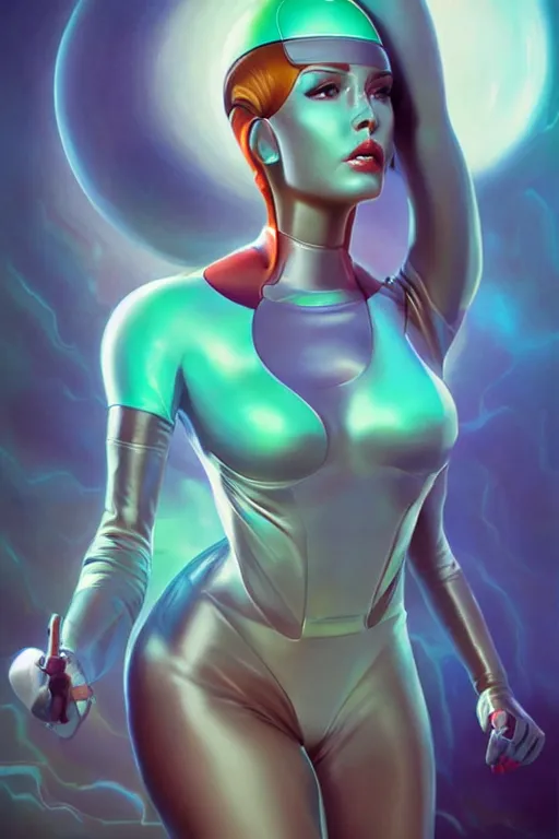 Image similar to retrofuturistic female android, painting by artgerm julie bell beeple