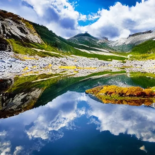 Prompt: beautiful still lake with reflective water,rocks in water, low mountains and beautiful far clouds