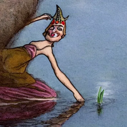 Image similar to a somnolent skipping stones pond this close-up of a darling bud of may, the disfigured priestess giving you a dastardly grin as she speeds. her eagle wring-headed rung of the ladded ladder aladdin's ladder