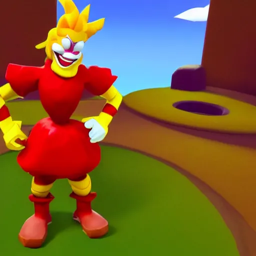 Image similar to image of ronald mcdonald, red afro, red nose and yellow outfit as an enemy in spyro the dragon video game, with low poly playstation 1 graphics, upscaled to high resolution