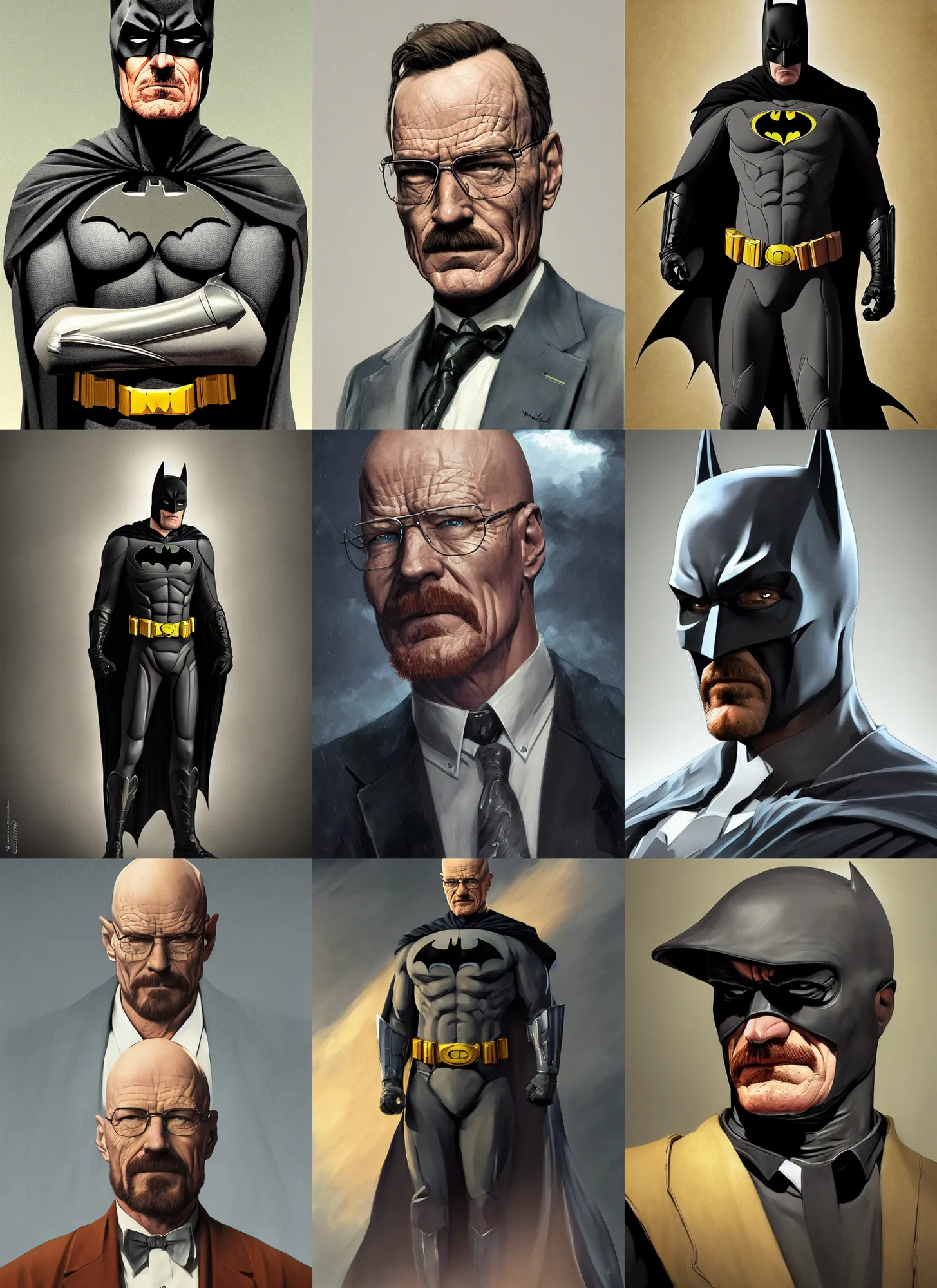 Prompt: Batman portrayed by Walter White, Bryan Cranston, digital art, trending on artstation oil on canvas by J. C. Leyendecker and Edmund Blair Leighton and Charlie Bowater octane render