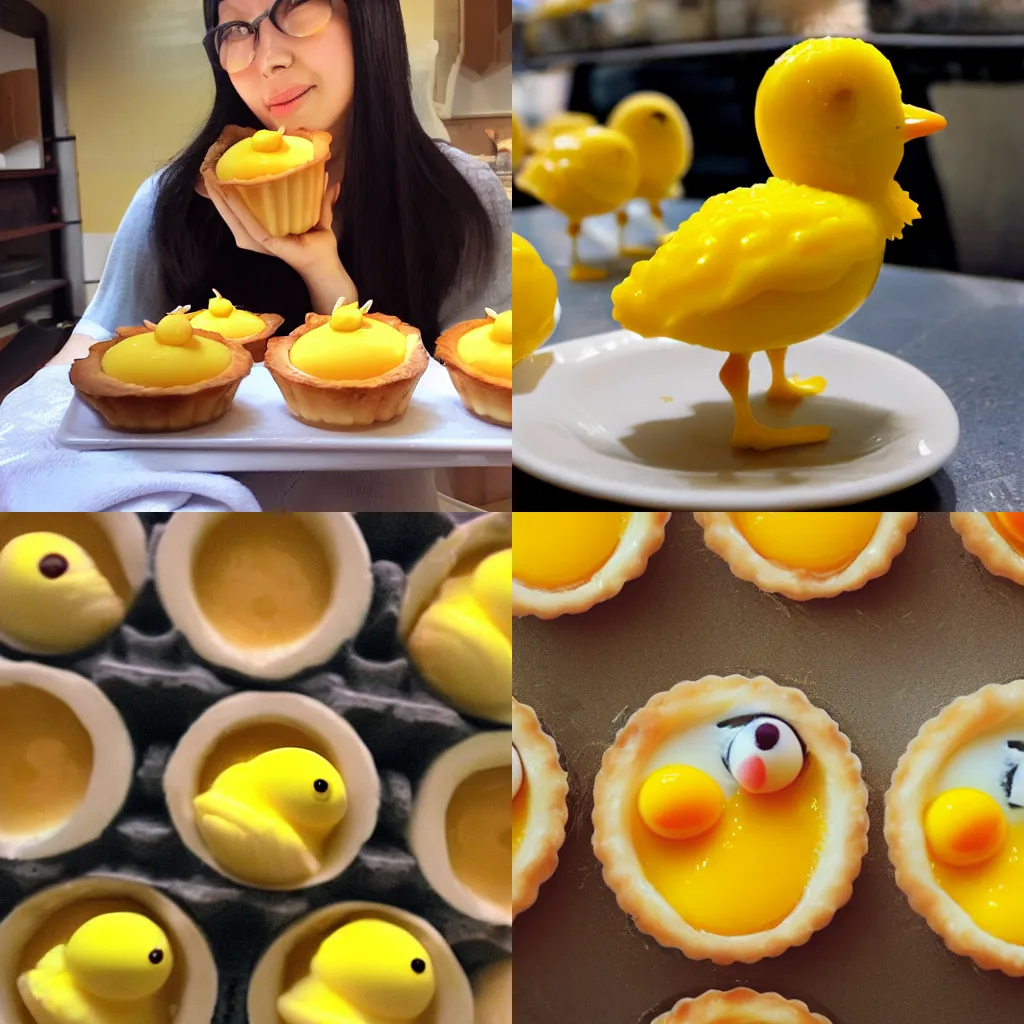 Prompt: cute yellow chick with egg tarts