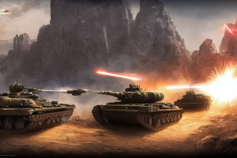 Image similar to tank battle, soldiers, lasers, science - fiction, beautiful matte painting,, unreal engine, artstation.