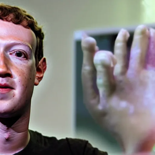 Prompt: mark zuckerberg pealing off his skin with him own hands to reveal the horrid thing underneath, as remembered in a dream