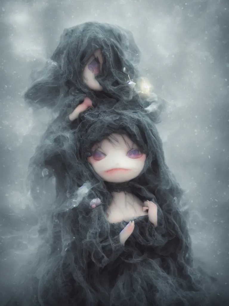 Image similar to cute fumo plush of a cursed frail witch girl held tight in the arms of a ghost mother, hugging, melting volumetric smoke and fog, environment map pbr reflective stormy water, gothic maiden, bokeh, vignette, vray