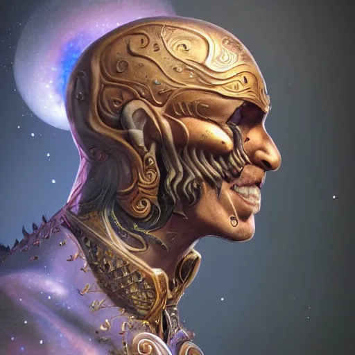 Image similar to an Artstation 3d render of Very very very very highly detailed beautiful mystic head and torso portrait of a phantom warrior with galaxy, tattoos by Anton Pieck, intricate, extremely detailed, digital painting, artstation, concept art, smooth, sharp focus, illustration, intimidating lighting, incredible art,