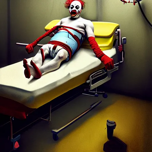 Image similar to hysterical and crazy clown lying in hospital bed with wrist restraints on, restraints straps attached to hospital bed siderails, greg rutkowski, photograph, 8 k