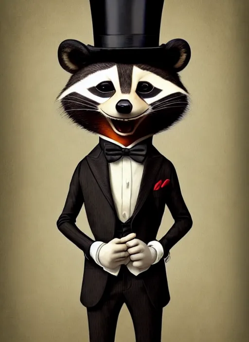 Prompt: an anthropomorphic raccoon in a fancy suit and a top hat, pixar style by tristan eaton, artgerm, tom bagshaw