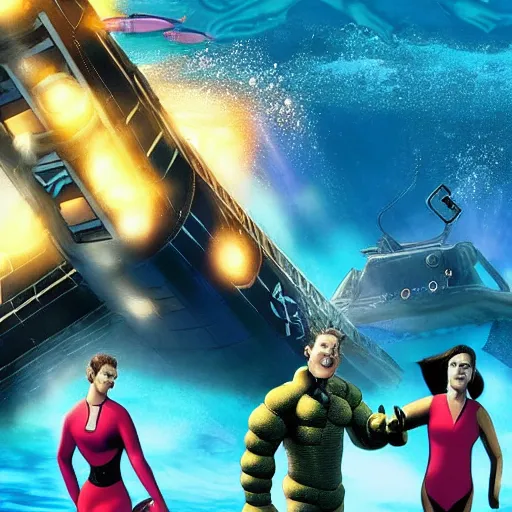 Image similar to fantastic four underwater, submarine in the background