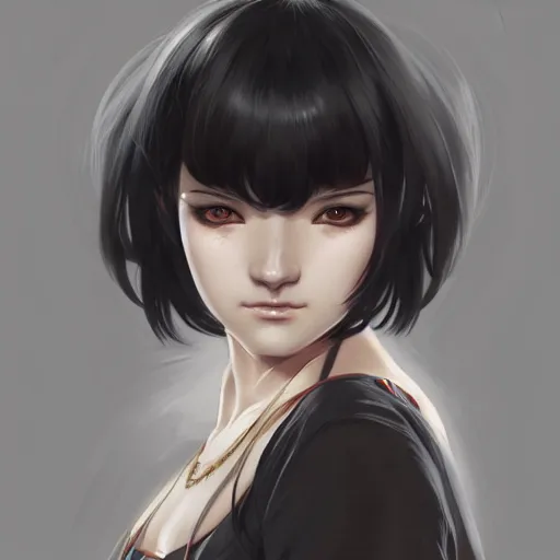 Image similar to portrait of beautiful symmetrical anime girl, black hair, attractive, casual, modern, highly detailed, digital painting, artstation, concept art, smooth, sharp focus, illustration, art by moebius artgerm, greg rutkowski and alphonse mucha, 8 k