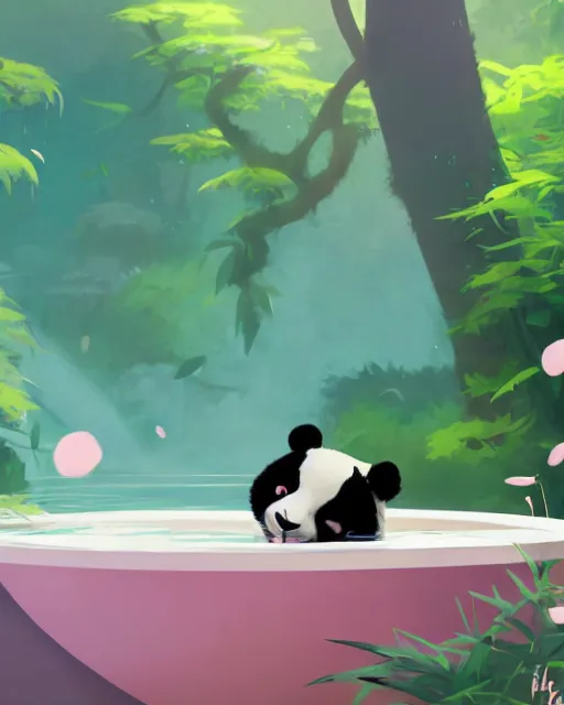 Prompt: a panda taking a bath in a spring with lush vegetation around, cory loftis, james gilleard, atey ghailan, makoto shinkai, goro fujita, character art, rim light, exquisite lighting, clear focus, very coherent, plain background, soft painting