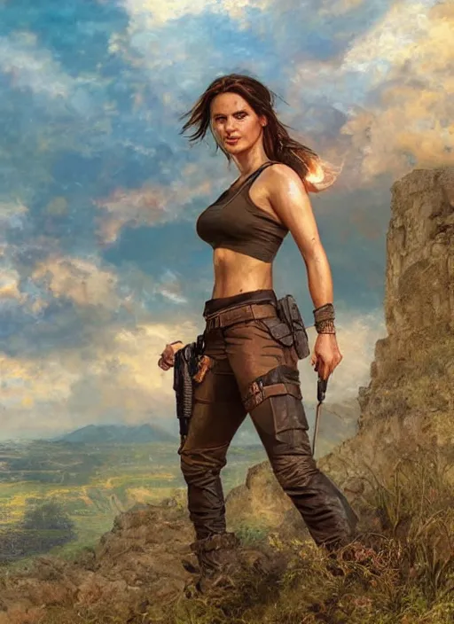 Image similar to Lara Croft posing in a crop top, golden hour, Lilia Alvarado, Sophie Anderson, Mark Arian, Bob Byerley, Charlie Bowater, Mark Brooks, Steve Henderson, Justin Gerard, Arthur Hughes, Edward Robert Hughes, Mark Keathley, Victor Nizovtsev, Carlos Shwabe, Ross Tran, WLOP