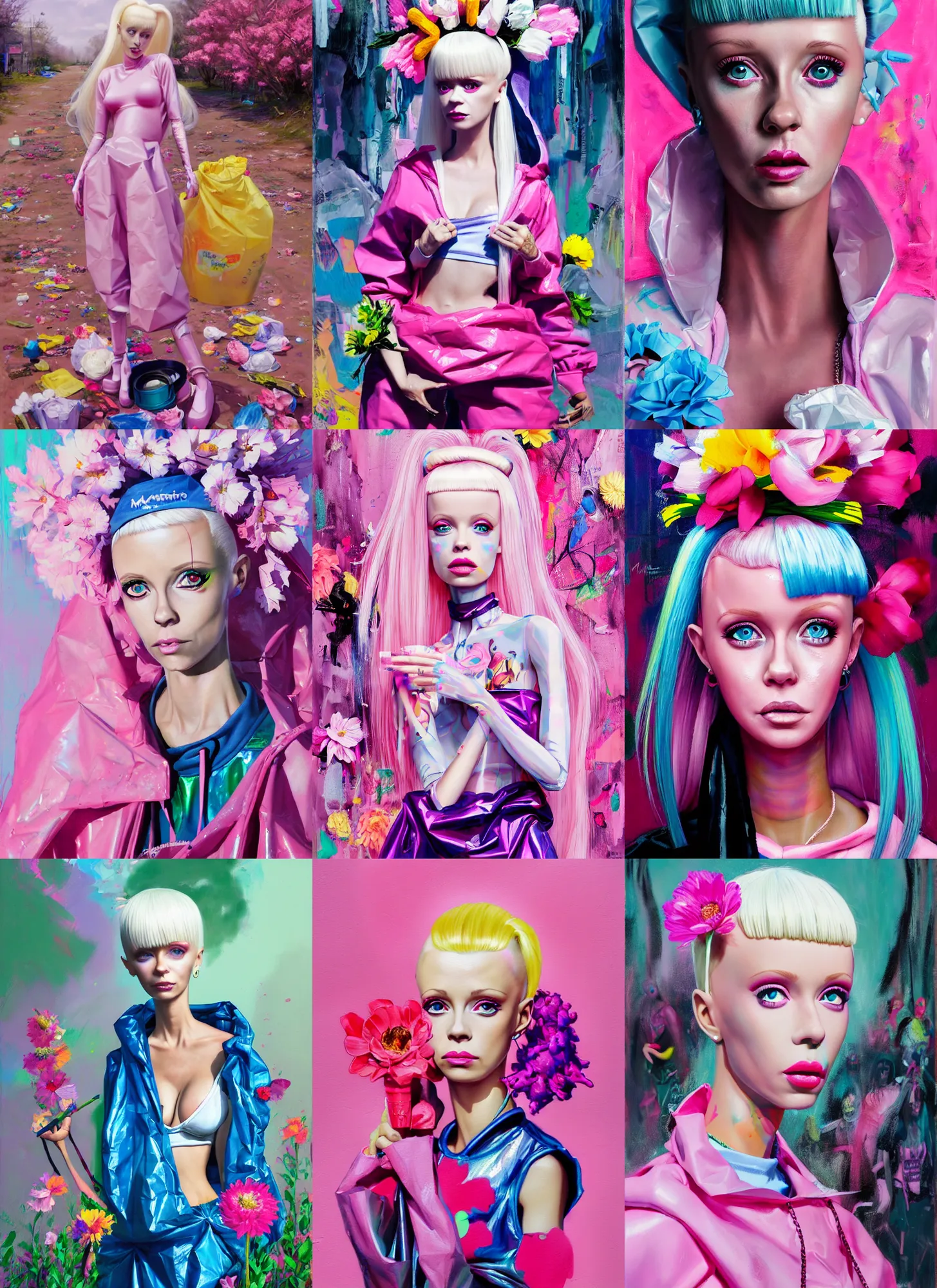Prompt: still from music video of barbie from die antwoord standing in a township street, wearing a trashbag garbage bag and flowers, street fashion, full figure portrait painting by martine johanna, ilya kuvshinov, rossdraws, pastel color palette, shiny plastic, detailed impasto brushwork, impressionistic