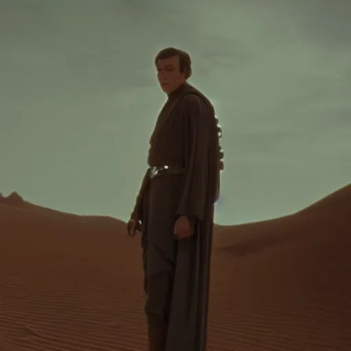 Image similar to film still of young alec guiness as a jedi in new star wars movie, dramatic lighting, highley detailled face, kodak film, wide angle shot, desert landscape