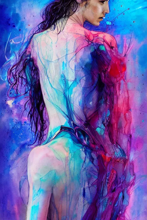 Image similar to gal gadot by agnes cecile enki bilal moebius, intricated details, 3 / 4 back view, full body portrait, extremely luminous bright design, pastel colours, drips, autumn lights