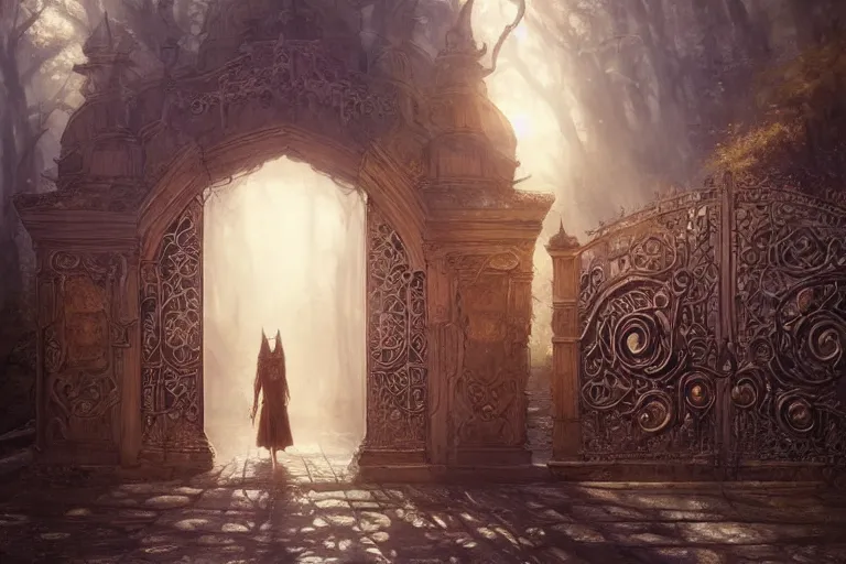 Image similar to large rustic intricately decorated cast iron gate, a view to an eerie fantasy world, ethereal back light, mist, coherent composition, fantasy painting by artgerm, greg rutkowski, noriyoshi ohrai, yuumei